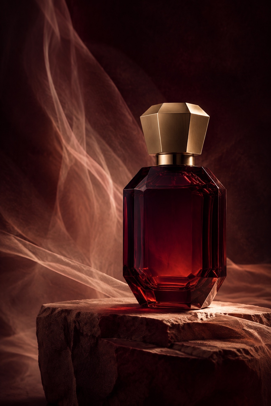 Blurred silhouette of a dark red perfume bottle in a warm burgundy studio setting